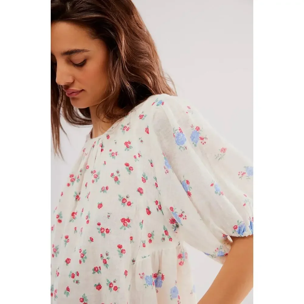 Free People Dainty Chloe Printed Top Floral XL Cottage Bow Gauze Shabby Chic